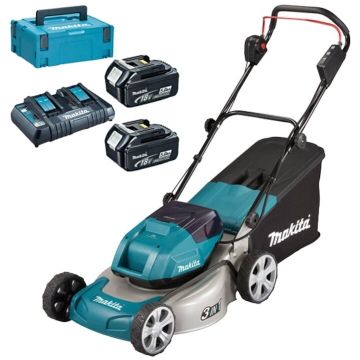 Makita Masina electrica tuns gazonul profesionala Makita DLM460Z+, 18 V, 5 Ah, 46 cm latime lucru, 60 l sac colector, 2 acumulatori, incarcator