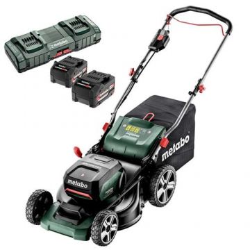 Masina gazon Metabo RM 36-18 LTX BL46 cu acumulatori, motor fara perii, latime lucru 46 cm, volum cos 55 l, acumulatori 2 x 18V / 5.2 Ah, Incarcator dublu ASC 145 Duo inchAir cooledinch (Verde)