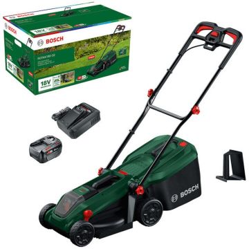 BOSCH Masina de tuns iarba/gazon pe acumulator Bosch ROTAK18V-32, 18 V, latime taiere 32 cm, inaltime taiere 25-65 mm, 5 trepte de taiere, motor brushless, sac colector 35 l, include acumulator 18V 4.0 Ah + incarcator