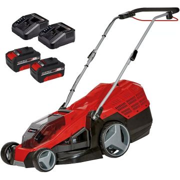 Einhell Masina de tuns iarba/gazon pe acumulator TWIN-PACK Einhell PXC GE-CM 36/43 Li M, 36 V, motor brushless, latime taiere 43 cm, inaltime taiere 25 - 75 mm, 6 trepte taiere,  sac colector 63 L, include 2 X acumulator 18V 4.0 Ah + 2 X incarcator rapid