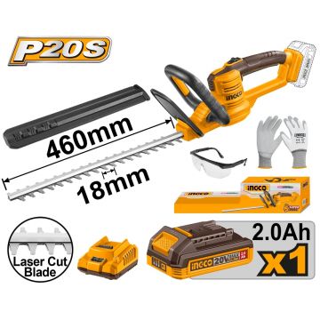Fierastrau Electric pentru Gard Viu 20V 460mm INGCO CHTLI20461E, 2800 spm, lama taiata laser, capacitate taiere 18mm, 1 acumulator 2Ah + incarcator + accesorii incluse
