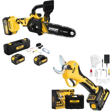 IMOUM Pachet Imoum Live - Foarfeca electrica pomi cu motor fara perii, diametru de taiere reglabil 10-40mm + Drujba cu acumulator 8 inch, motor electric fara perii, 21V, 2 acumulatori 3.0Ah