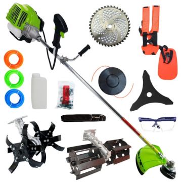 Pachet  Motocoasa de umar pe benzina UralMash Campion, 7.5CP, Cultivator, Prasitoare, Ham dublu, Disc vidia, 12.000rpm, Verde Galbena Neagra