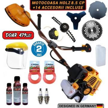 Pachet PROMO: Motocoasa pe benzina HOLZ Germany cu 14 ACCESORII incluse de 8.5CP, 12000 RPM 58cc
